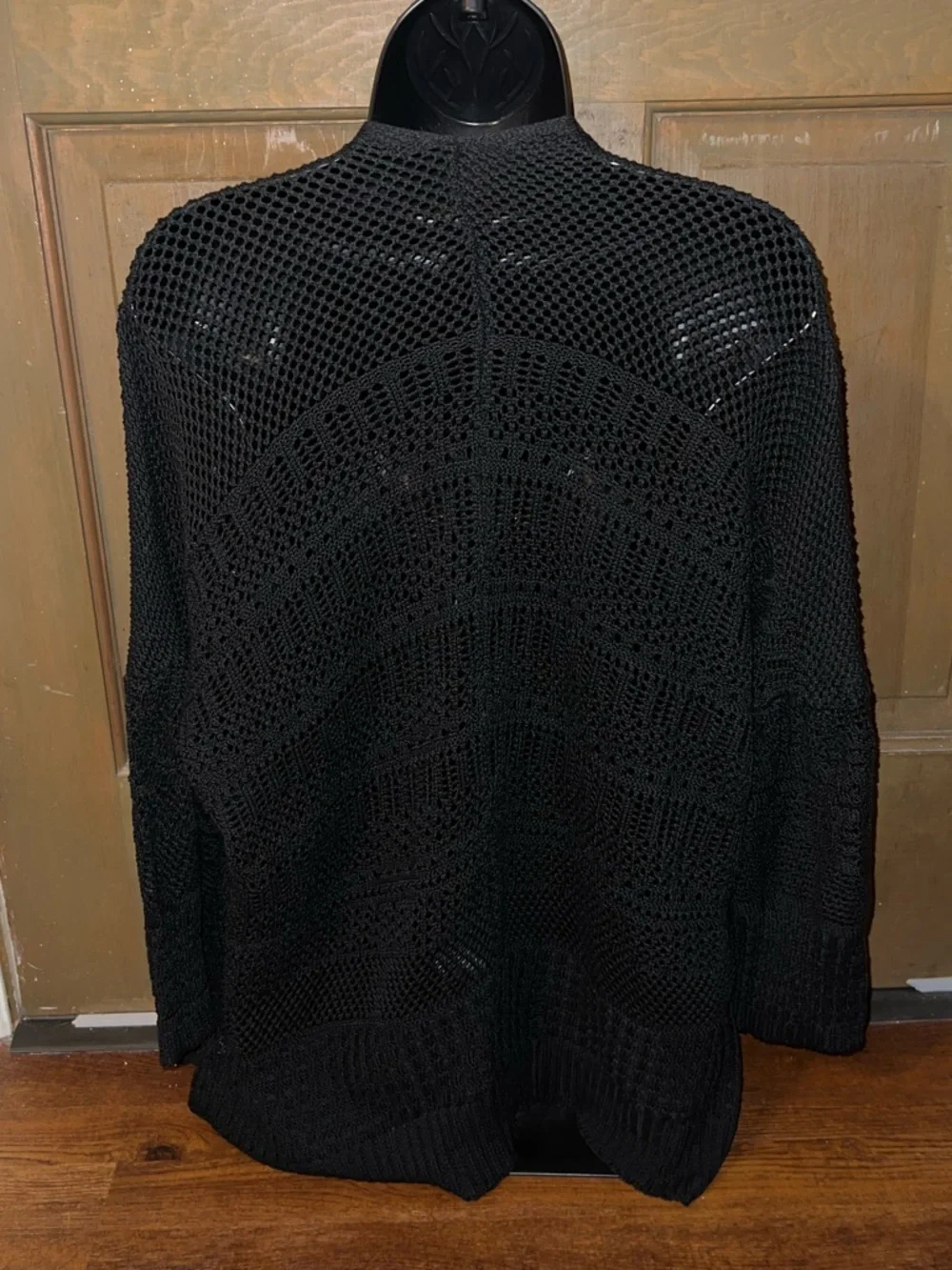 Crochet Black Open-Front Knit Long Sleeve Flowy Cardigan One Size - Picture 3 of 7